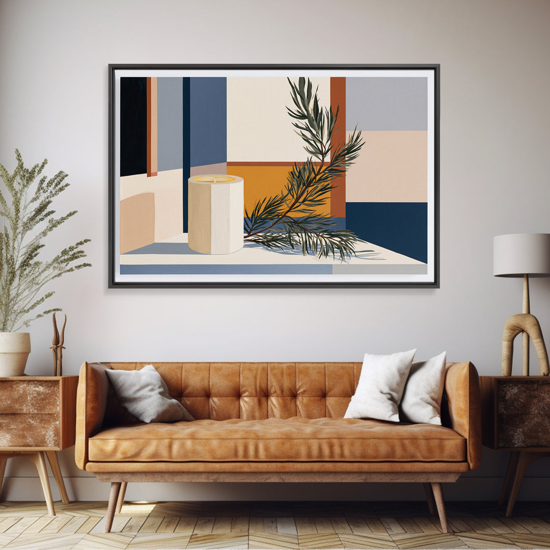 Hygge Candle and Pine Branch Still Life Framed Canvas Print, Scandinavian Art, Digital Wall Art, Living Room Decor, Nordic, SCA-3x2-80