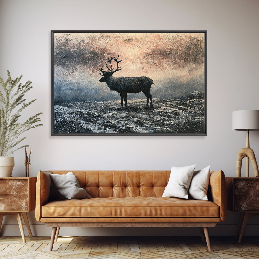 Reindeer Silhouette in Snowy Landscape Framed Canvas Print, Scandinavian Art, Statement Artwork, Living Room Decor, Nordic, SCA-3x2-82