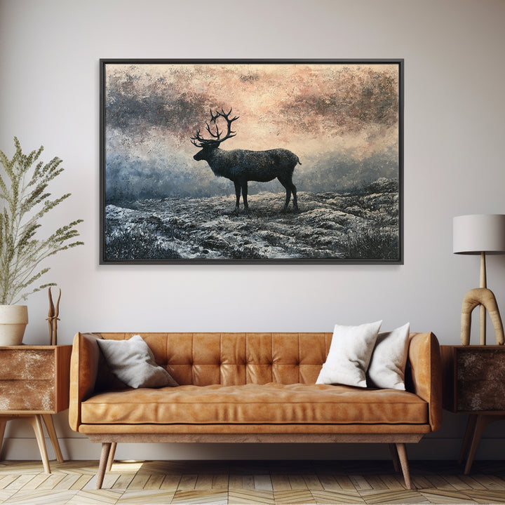 Reindeer Silhouette in Snowy Landscape Framed Canvas Print, Scandinavian Art, Statement Artwork, Living Room Decor, Nordic, SCA-3x2-82
