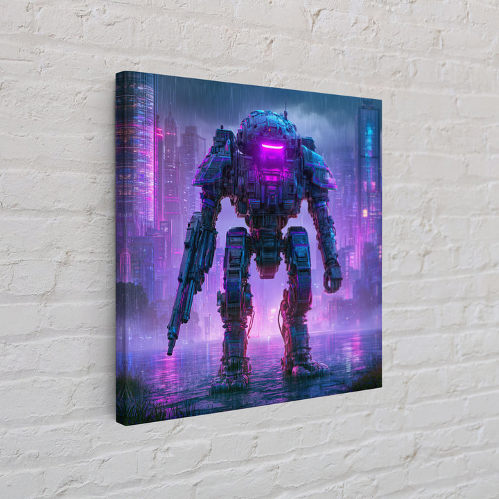 Mech Silhouette in Rainy Neon City Canvas Print, Scifi Art, Retro Wall Art, Living Room Decor, Oil Painting, Orbit, Fantasy Art, SCI-1x1-15