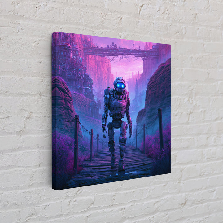 Robot Companion Crossing a Red Canyon Framed Canvas Print, Scifi Art, Decor, Living Room Decor, Orbit, Mid Century Art, SCI-1x1-28
