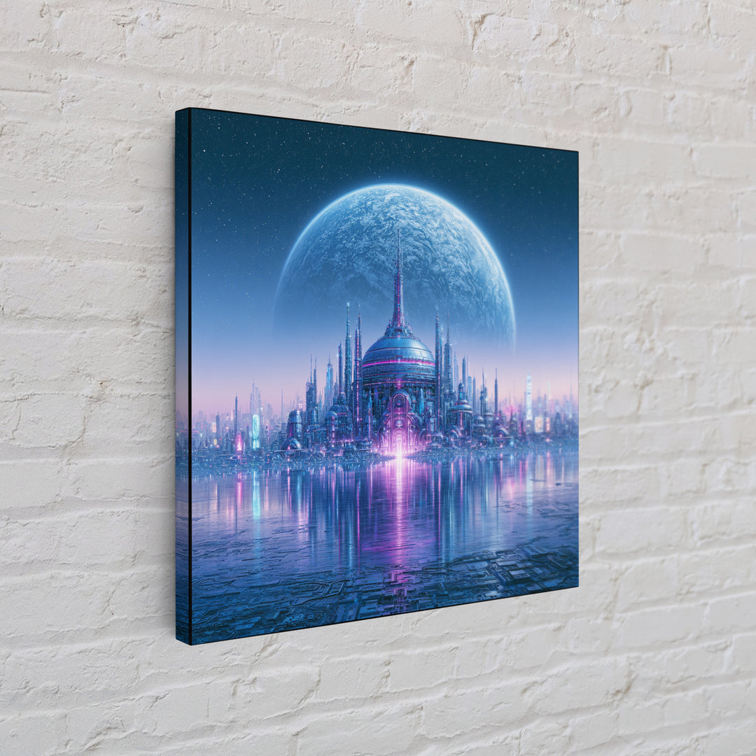 Moon Colony Beneath Earth Rise Framed Canvas Print, Scifi Art, Weird Art, Living Room Decor, Abstract Art, Orbit, Art Print, SCI-1x1-42