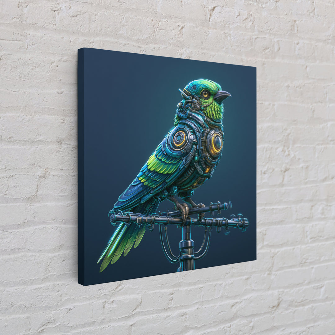 Robot Bird Perched on Antenna Framed Canvas Print, Scifi Art, Modern Art, Living Room Decor, Orbit, Retro Futurism Art, SCI-1x1-47