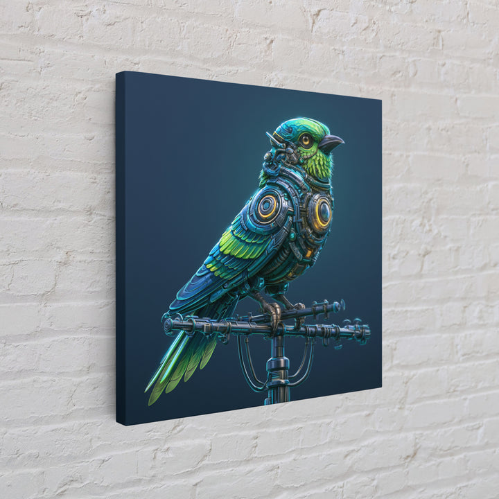 Robot Bird Perched on Antenna Framed Canvas Print, Scifi Art, Modern Art, Living Room Decor, Orbit, Retro Futurism Art, SCI-1x1-47
