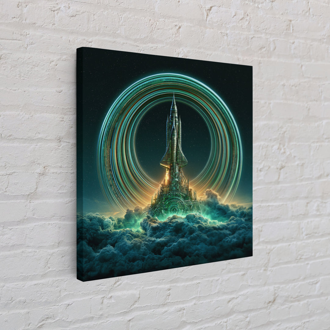 Retro Rocket Launching Through Cloud Rings Framed Canvas Print, Scifi Art, Boho Decor, Living Room Decor, Oil Painting, Orbit, SCI-1x1-79