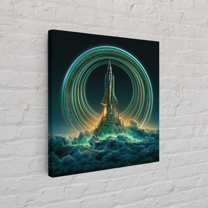 Retro Rocket Launching Through Cloud Rings Framed Canvas Print, Scifi Art, Boho Decor, Living Room Decor, Oil Painting, Orbit, SCI-1x1-79
