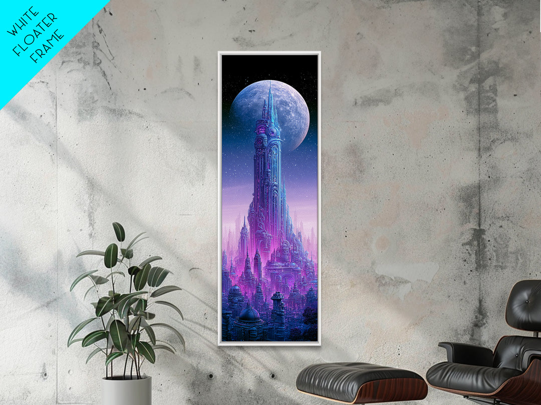 Futuristic City on a Moonlit World Framed Canvas Print, Scifi Art, Ai Art, Living Room Decor, Abstract Art, Orbit, SCI-1x3-15