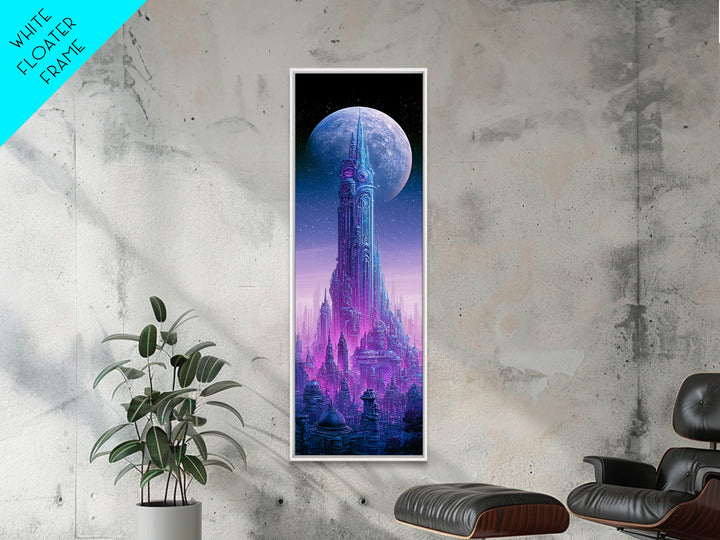 Futuristic City on a Moonlit World Framed Canvas Print, Scifi Art, Ai Art, Living Room Decor, Abstract Art, Orbit, SCI-1x3-15