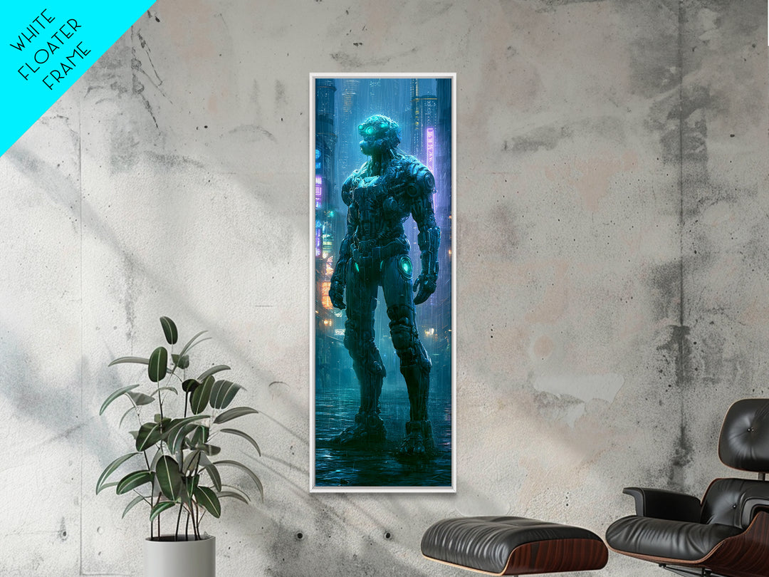 Mech Silhouette in Rainy Neon City Canvas Print, Scifi Art, Weird Art, Living Room Decor, Abstract Art, Orbit, Art Print, SCI-1x3-51