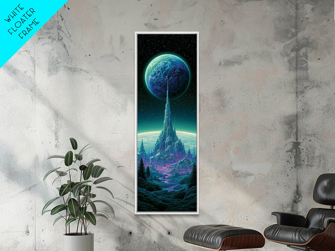 Moon Colony Beneath Earth Rise Framed Canvas Print, Scifi Art, Retro Futurism Art, Living Room Decor, Oil Painting, Orbit, SCI-1x3-54