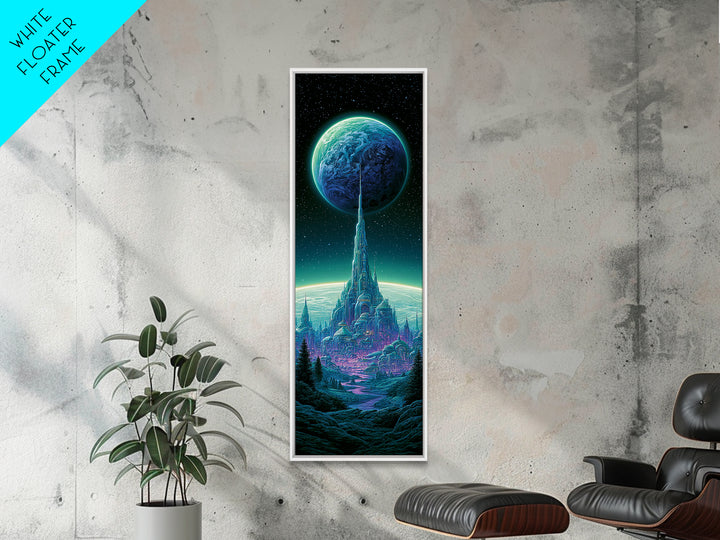 Moon Colony Beneath Earth Rise Framed Canvas Print, Scifi Art, Retro Futurism Art, Living Room Decor, Oil Painting, Orbit, SCI-1x3-54