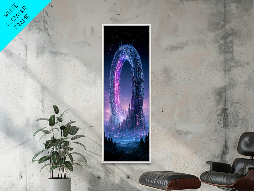 Giant Ring World Seen from a Valley Canvas Print, Scifi Art, Mid Century Art, Living Room Decor, Fine Art, Orbit, Neutral Decor, SCI-1x3-68
