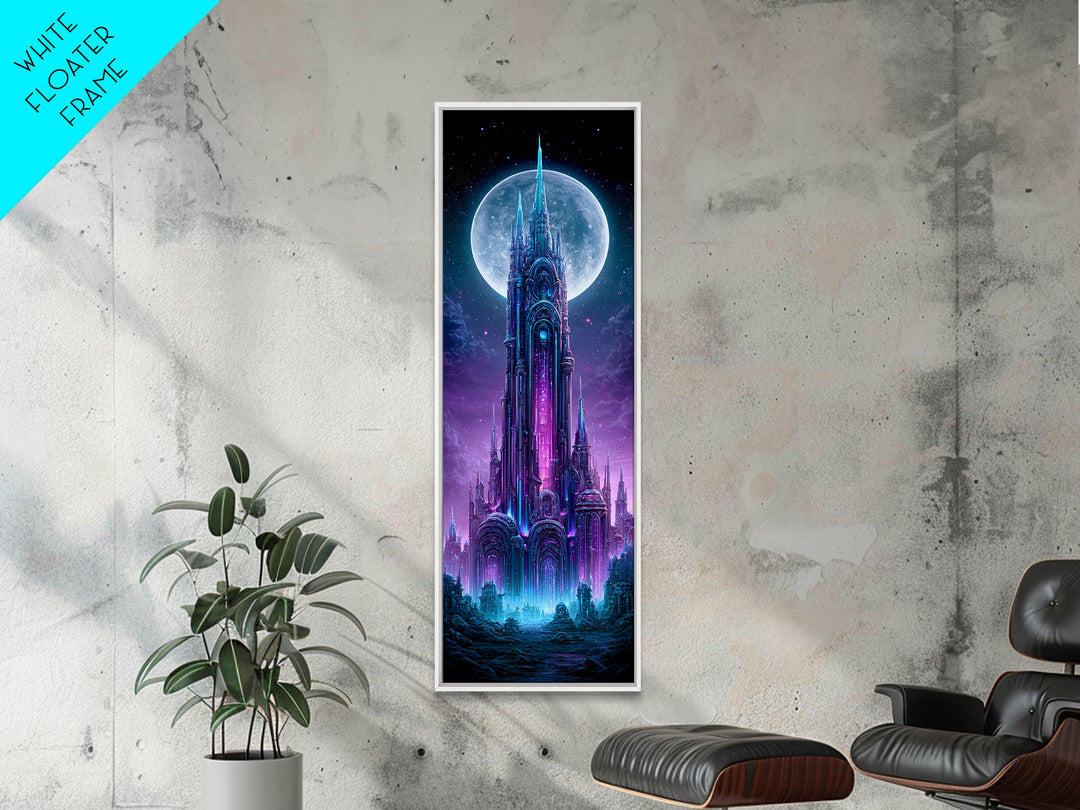 Futuristic City on a Moonlit World Framed Canvas Print, Scifi Art, Statement Artwork, Living Room Decor, Fine Art, Orbit, SCI-1x3-87