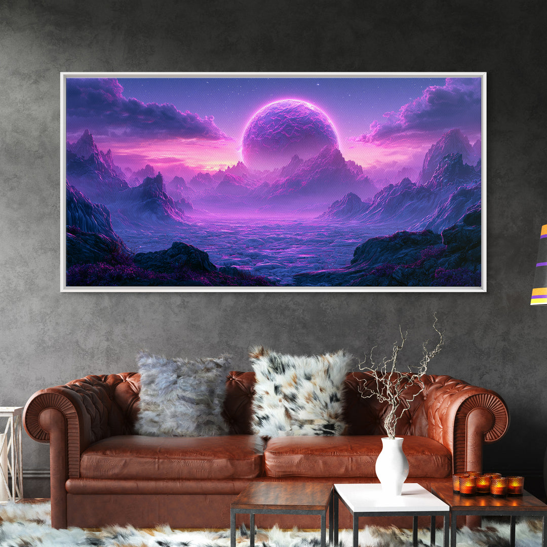 Planetary Sunrise over Ice Cliffs Framed Canvas Print, Scifi Art, Art Print, Living Room Decor, Fine Art, Orbit, Digital Art, SCI-2x1-18