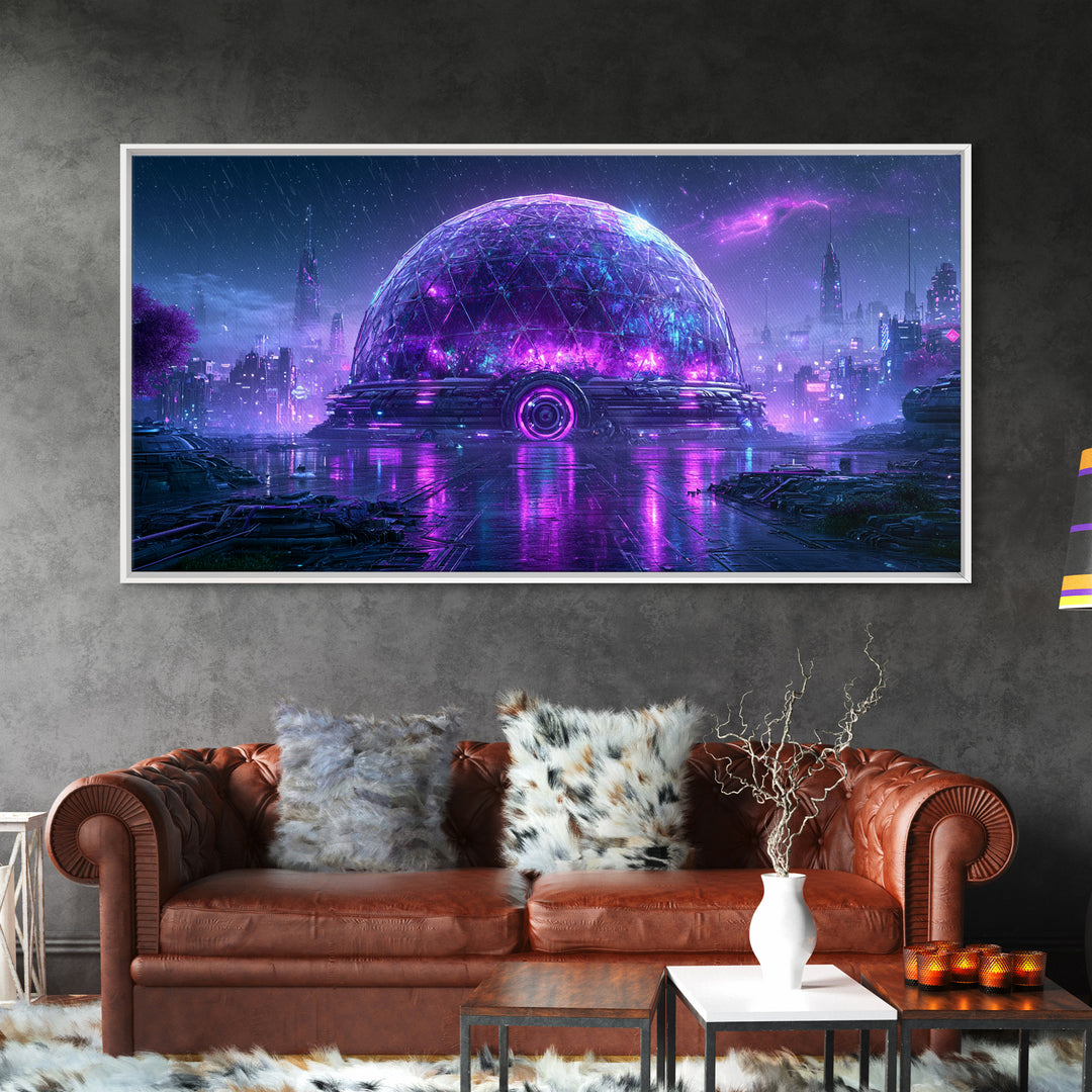 Futuristic Botanical Dome Framed Canvas Print, Scifi Art, Statement Artwork, Living Room Decor, Fine Art, Orbit, Wall Decor, SCI-2x1-20