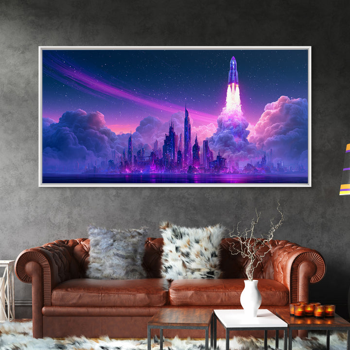 Retro Rocket Launching Through Cloud Rings Framed Canvas Print, Scifi Art, Boho Decor, Living Room Decor, Oil Painting, Orbit, SCI-2x1-27