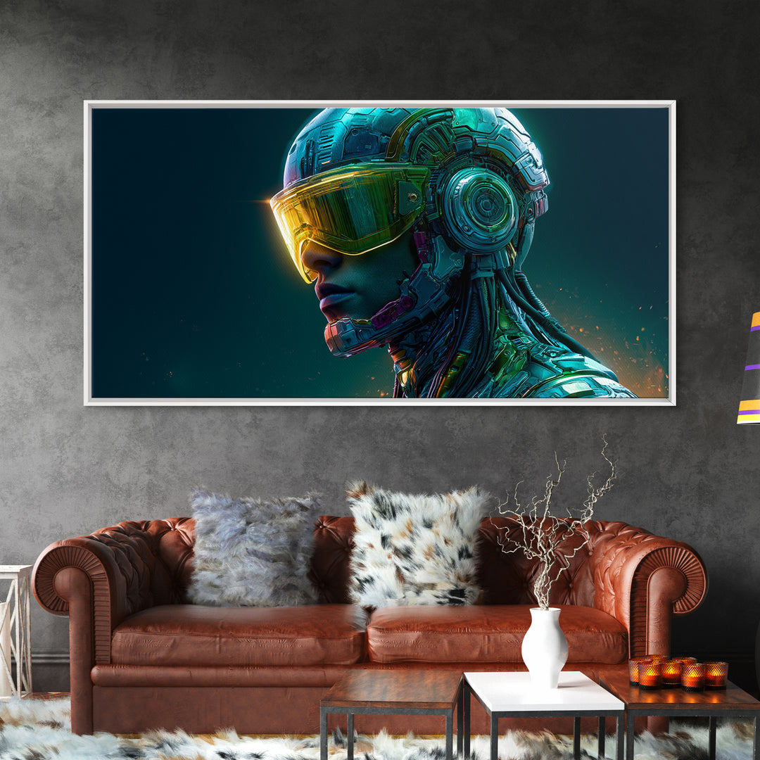Cyborg Portrait with Reflective Visor Framed Canvas Print, Scifi Art, Original Art, Living Room Decor, Fine Art, Orbit, SCI-2x1-29
