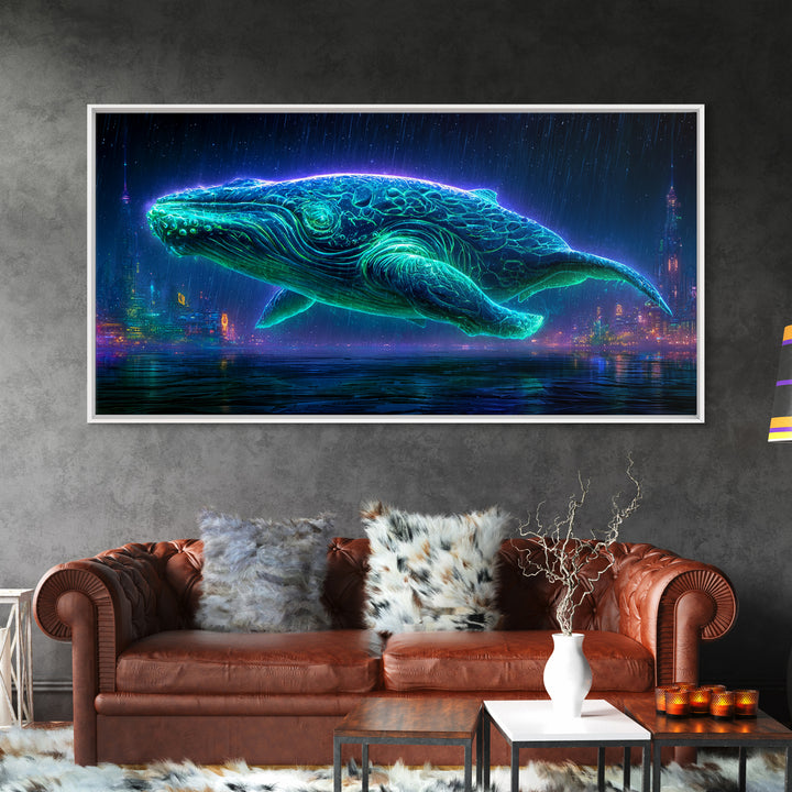 Cosmic Whale Swimming Through Deep Space Framed Canvas Print, Scifi Art, Decor, Living Room Decor, Oil Painting, Orbit, SCI-2x1-60