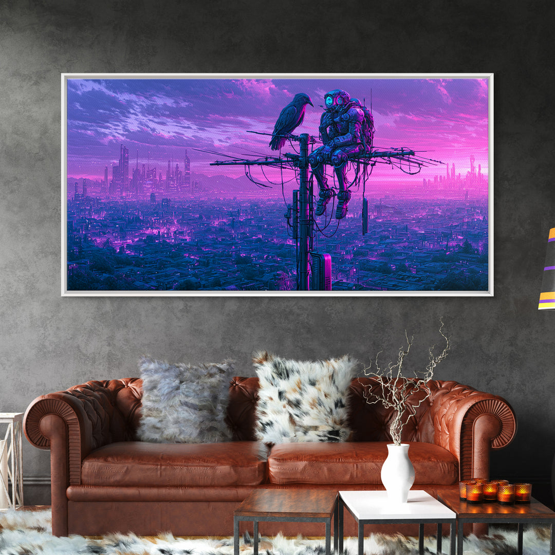 Robot Bird Perched on Antenna Framed Canvas Print, Scifi Art, Gallery Decor, Living Room Decor, Fine Art, Orbit, Wall Art, SCI-2x1-67