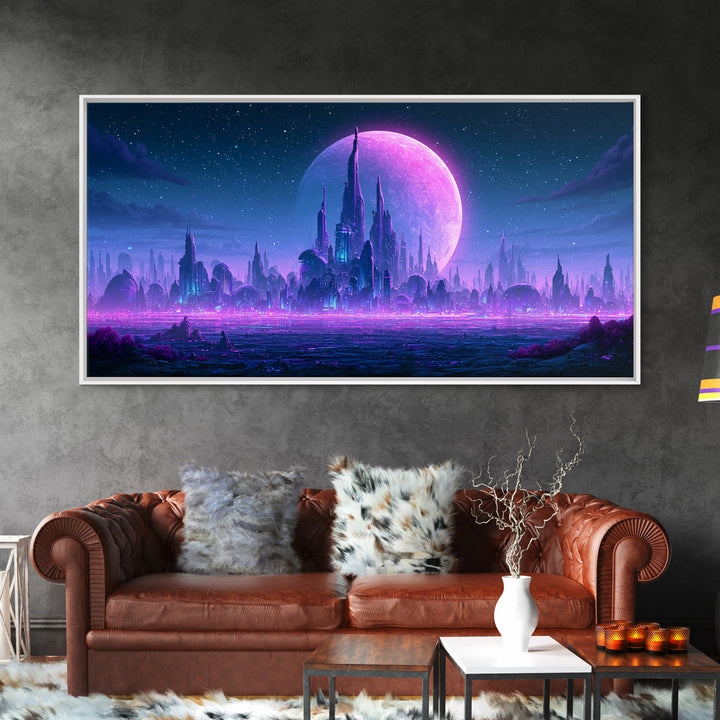 Futuristic City on a Moonlit World Canvas Print, Scifi Art, Weird Art, Living Room Decor, Abstract Art, Orbit, Art Print, SCI-2x1-71