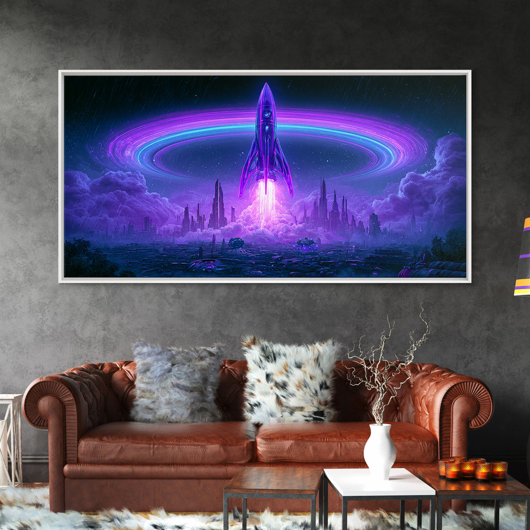 Retro Rocket Launching Through Cloud Rings Framed Canvas Print, Scifi Art, Art Print, Living Room Decor, Fine Art, Orbit, SCI-2x1-75