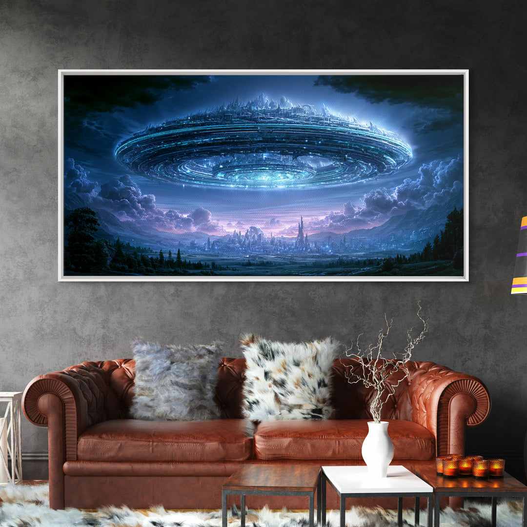 Giant Ring World Seen from a Valley Canvas Print, Scifi Art, Modern Art, Living Room Decor, Fine Art, Orbit, Retro Futurism Art, SCI-2x1-76
