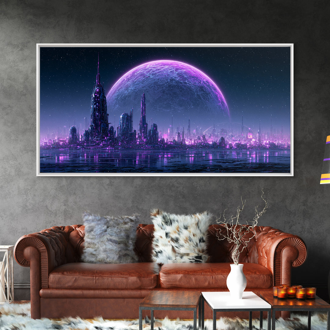 Moon Colony Beneath Earth Rise Framed Canvas Print, Scifi Art, Posters, Living Room Decor, Orbit, Pop Art, Mid Century Art, SCI-2x1-86