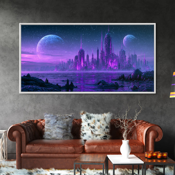 Alien Ocean with Two Moons Framed Canvas Print, Scifi Art, Art, Living Room Decor, Fine Art, Orbit, Modern Art, Living Room Art, SCI-2x1-9
