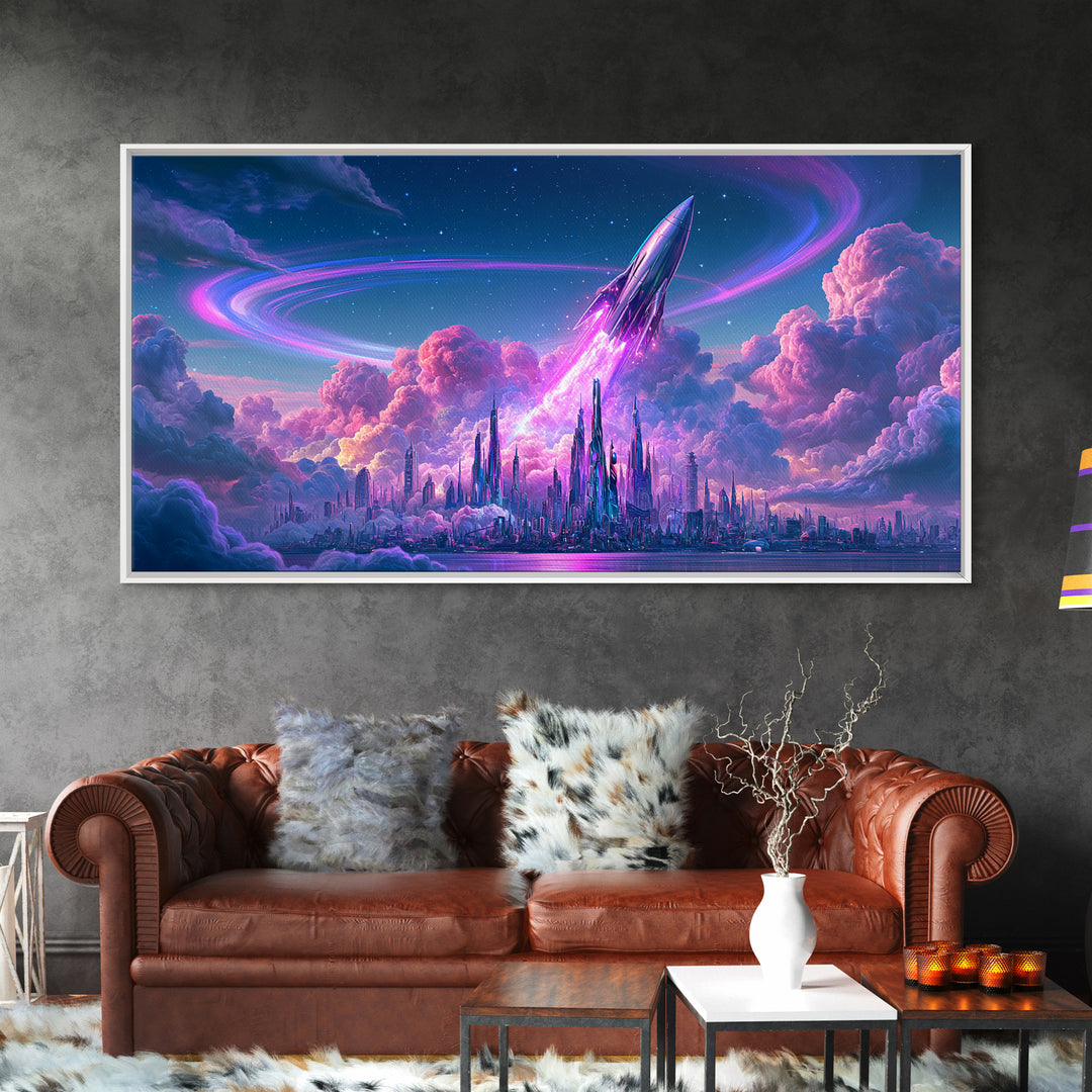 Retro Rocket Launching Through Cloud Rings Framed Canvas Print, Scifi Art, Pop Art, Living Room Decor, Fine Art, Orbit, SCI-2x1-99