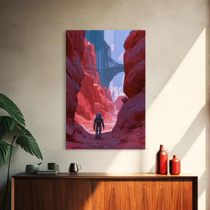 Robot Companion Crossing a Red Canyon Framed Canvas Print, Scifi Art, Decor, Living Room Decor, Orbit, Mid Century Art, SCI-2x3-12
