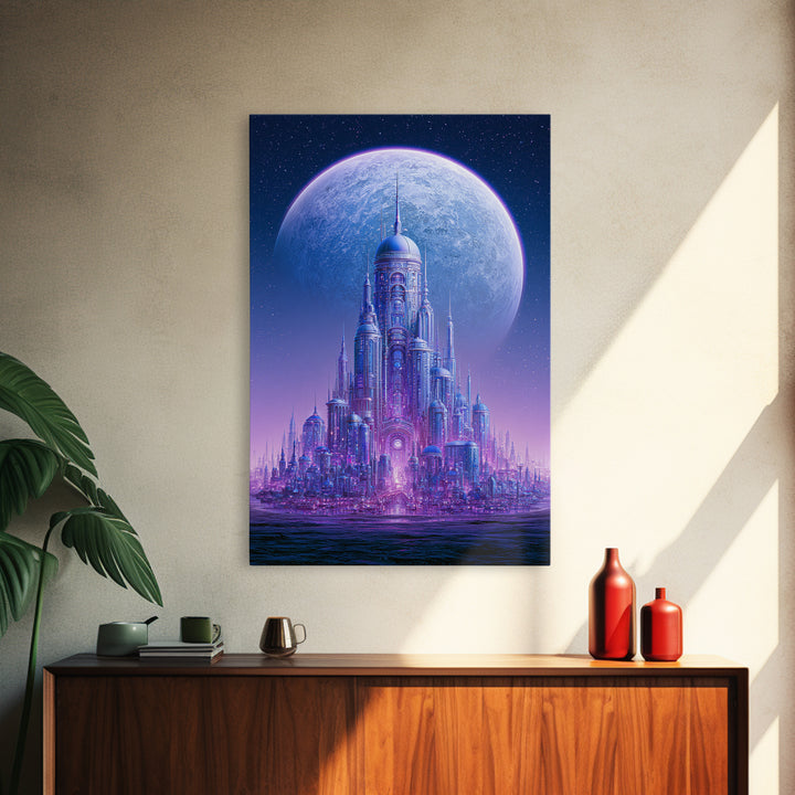 Moon Colony Beneath Earth Rise Framed Canvas Print, Scifi Art, Textured Painting, Living Room Decor, Abstract Art, Orbit, SCI-2x3-2