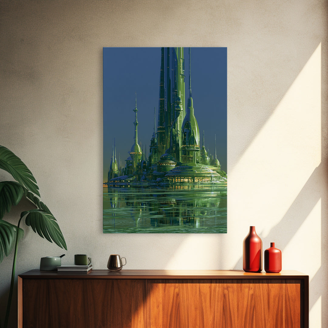 Terraforming Towers on a Silent Planet Framed Canvas Print, Scifi Art, Retro Wall Art, Living Room Decor, Oil Painting, Orbit, SCI-2x3-20