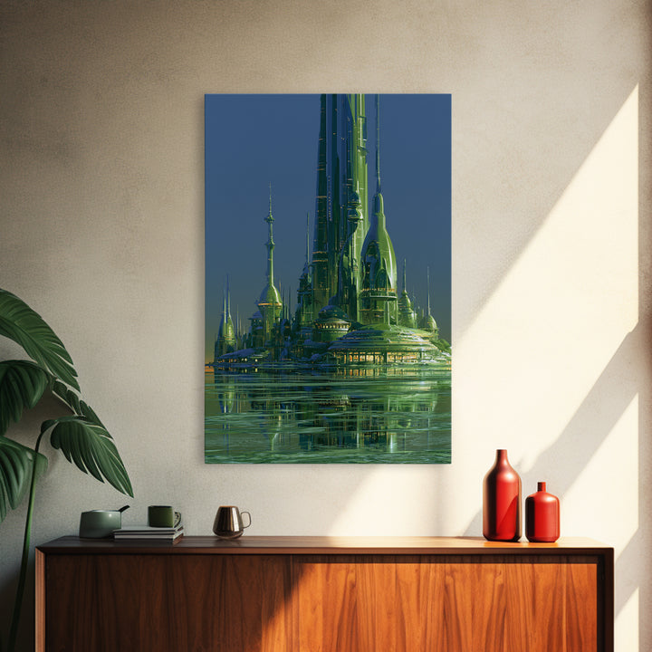 Terraforming Towers on a Silent Planet Framed Canvas Print, Scifi Art, Retro Wall Art, Living Room Decor, Oil Painting, Orbit, SCI-2x3-20