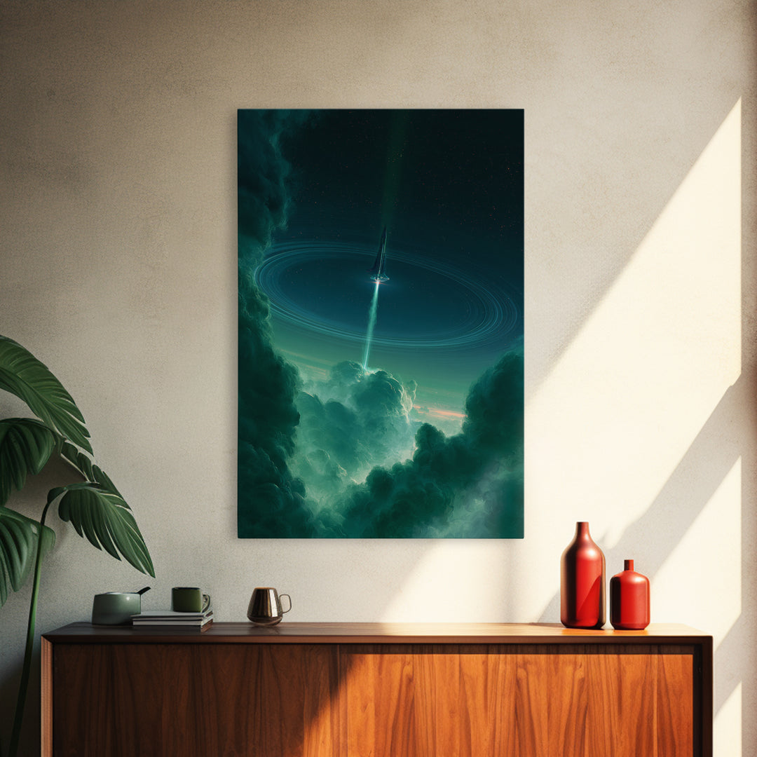 Retro Rocket Launching Through Cloud Rings Canvas Print, Scifi Art, Canvas Wall Art, Living Room Decor, Fine Art, Orbit, SCI-2x3-39