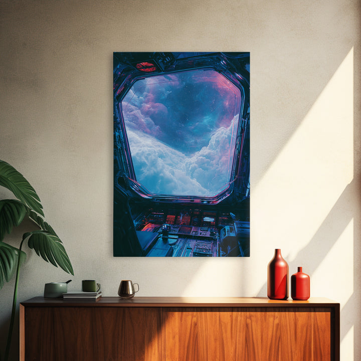 Starship Cockpit View of Nebula Clouds Framed Canvas Print, Scifi Art, Abstract Art, Living Room Decor, Fine Art, Orbit, SCI-2x3-43