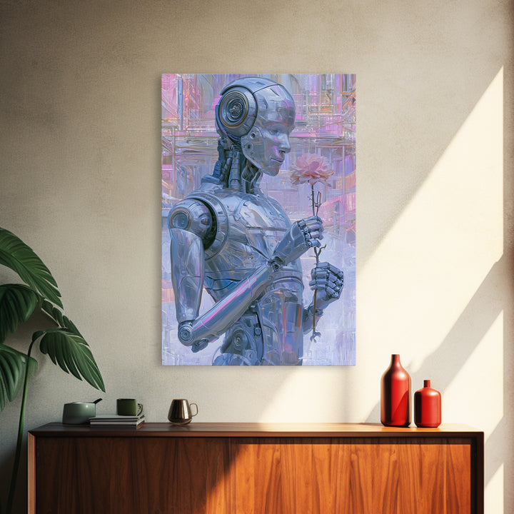 Silver Android Holding a Flower Framed Canvas Print, Scifi Art, Poster, Living Room Decor, Fine Art, Orbit, Retro Wall Art, SCI-2x3-46