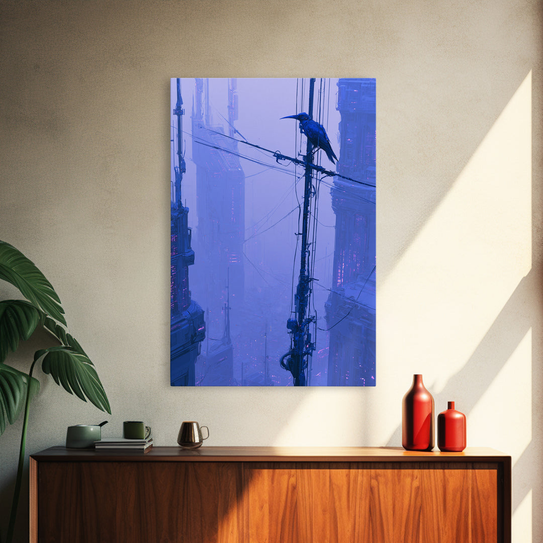 Robot Bird Perched on Antenna Framed Canvas Print, Scifi Art, Digital Art, Living Room Decor, Fine Art, Orbit, Steampunk Decor, SCI-2x3-55
