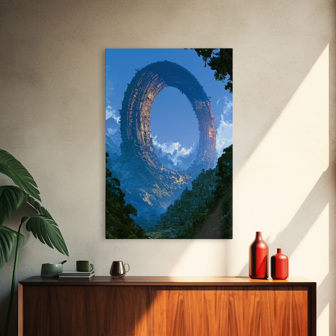 Giant Ring World Seen from a Valley Framed Canvas Print, Scifi Art, Wall Decor, Living Room Decor, Orbit, Living Room Art, SCI-2x3-64
