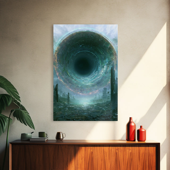Wormhole Opening over Barren Landscape Framed Canvas Print, Scifi Art, Mid Century Art, Living Room Decor, Fine Art, Orbit, SCI-2x3-73