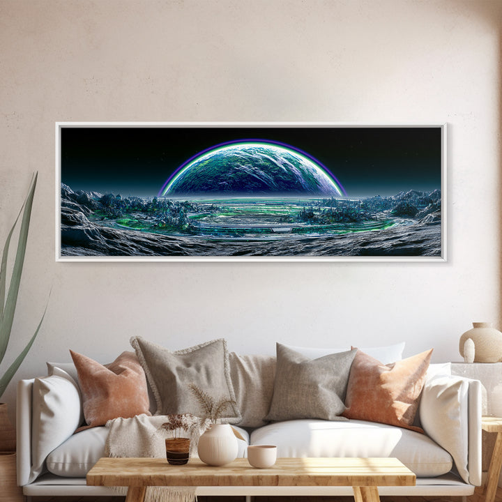 Moon Colony Beneath Earth Rise Framed Canvas Print, Scifi Art, Posters, Living Room Decor, Orbit, Pop Art, Mid Century Art, SCI-3x1-10