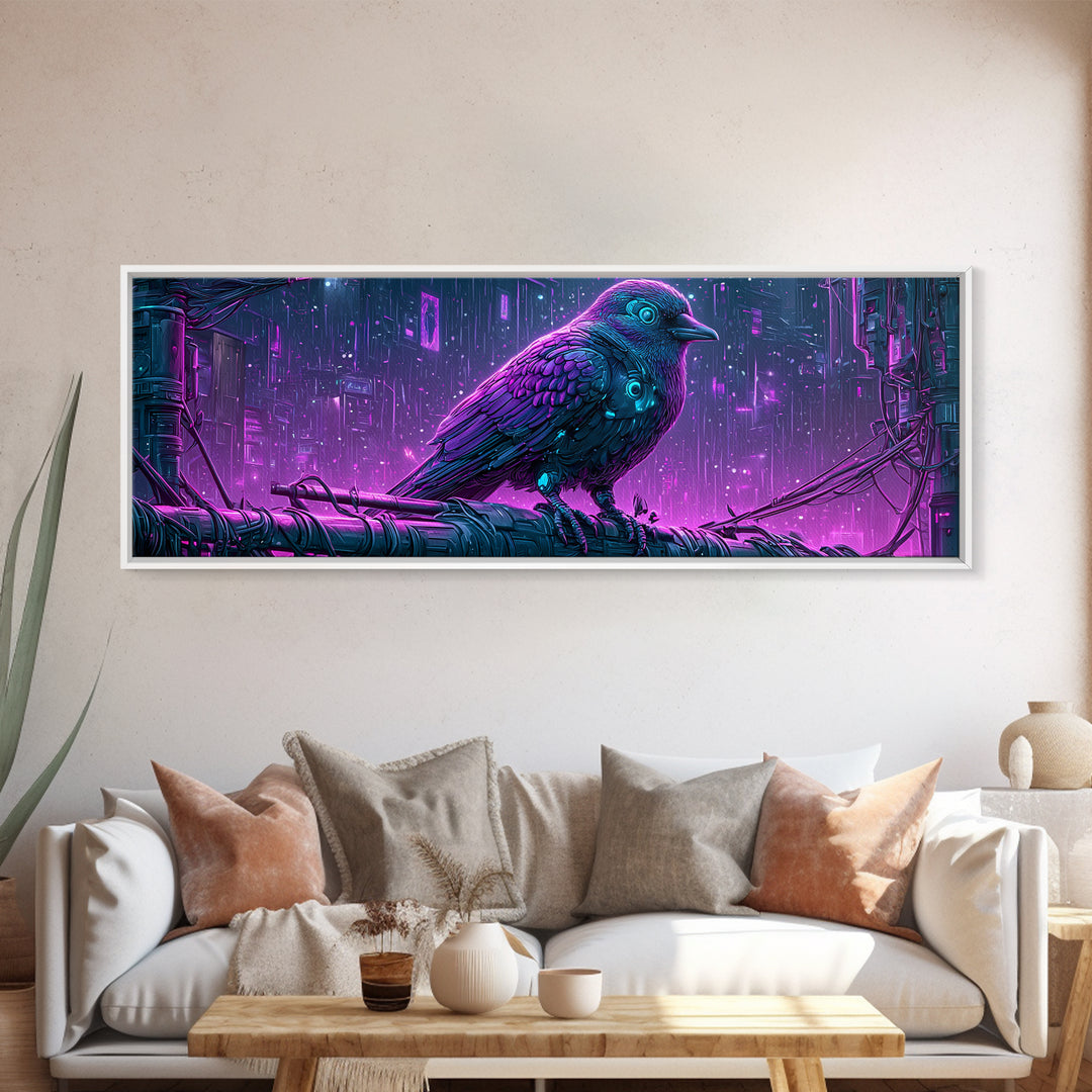 Robot Bird Perched on Antenna Framed Canvas Print, Scifi Art, Gallery Decor, Living Room Decor, Fine Art, Orbit, Wall Art, SCI-3x1-15