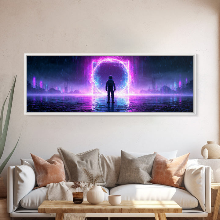 Astronaut Standing Before a Glowing Monolith Framed Canvas Print, Scifi Art, Canvas Print, Living Room Decor, Fine Art, Orbit, SCI-3x1-18