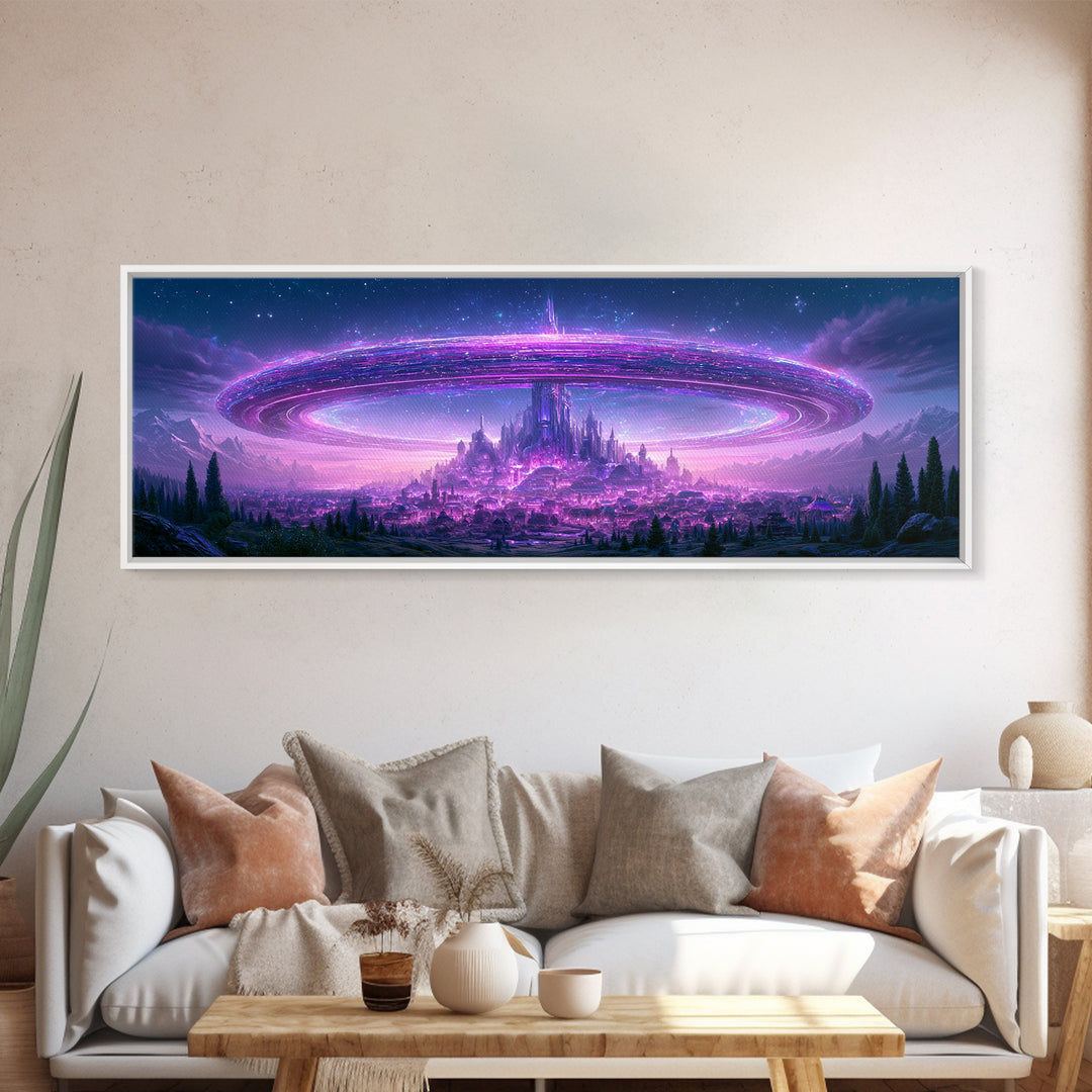Giant Ring World Seen from a Valley Canvas Print, Scifi Art, Game Room Decor, Living Room Decor, Fine Art, Orbit, SCI-3x1-24