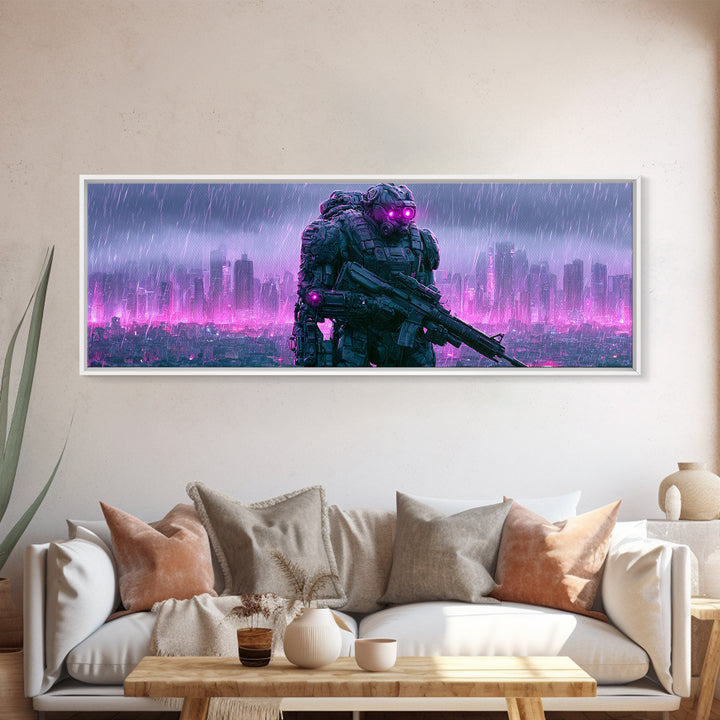 Mech Silhouette in Rainy Neon City Canvas Print, Scifi Art, Textured Painting, Living Room Decor, Abstract Art, Orbit, SCI-3x1-31
