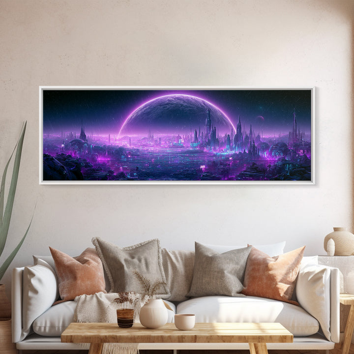 Moon Colony Beneath Earth Rise Canvas Print, Scifi Art, Ai Art, Living Room Decor, Abstract Art, Orbit, Star Wars Art, SCI-3x1-34
