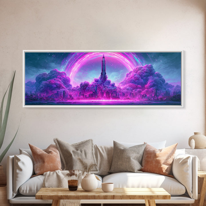 Retro Rocket Launching Through Cloud Rings Framed Canvas Print, Scifi Art, Decor, Living Room Decor, Oil Painting, Orbit, SCI-3x1-47