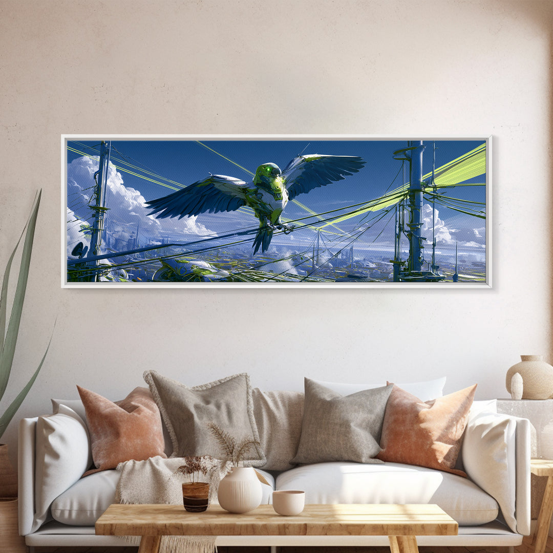 Robot Bird Perched on Antenna Framed Canvas Print, Scifi Art, Minimalist Decor, Living Room Decor, Fine Art, Orbit, Ai Art, SCI-3x1-63