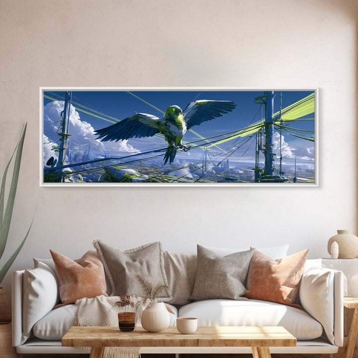Robot Bird Perched on Antenna Framed Canvas Print, Scifi Art, Minimalist Decor, Living Room Decor, Fine Art, Orbit, Ai Art, SCI-3x1-63