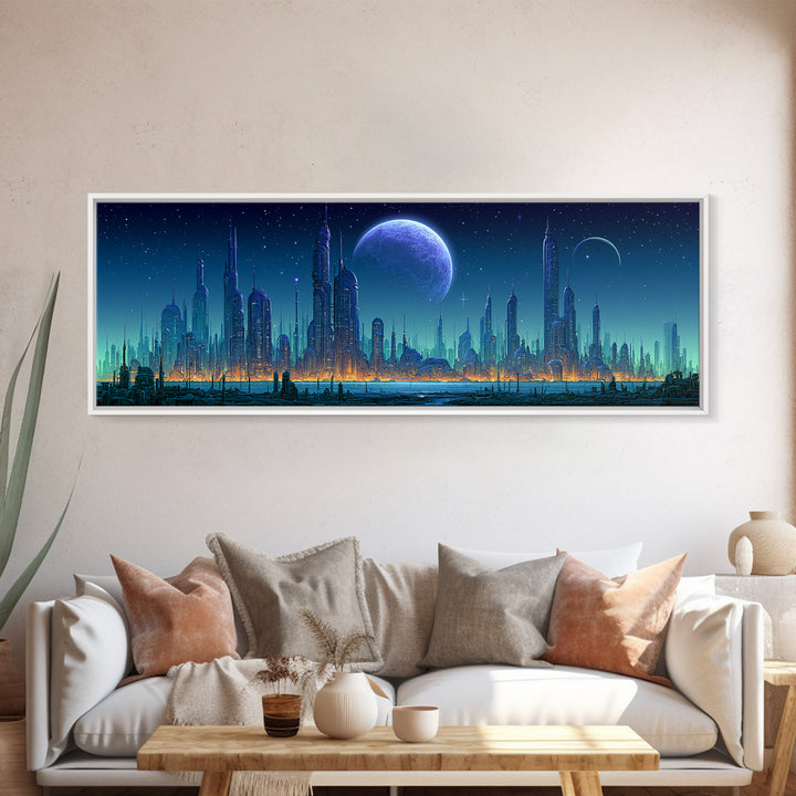 Futuristic City on a Moonlit World Framed Canvas Print, Scifi Art, Ai Art, Living Room Decor, Abstract Art, Orbit, SCI-3x1-67