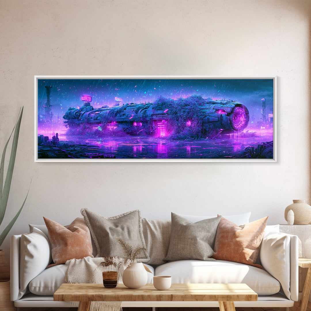 Abandoned Spacecraft Overgrown Framed Canvas Print, Scifi Art, Collage Art, Living Room Decor, Oil Painting, Orbit, SCI-3x1-74